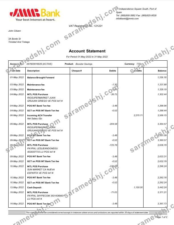 Spain JMMB bank statement Word and PDF template, 2 pages